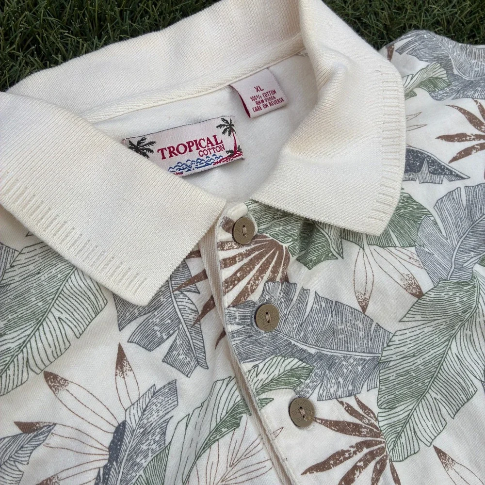 Tropical Cotton Mens XL Polo Shirt Botanical Leaf Print Short Sleeve Off White